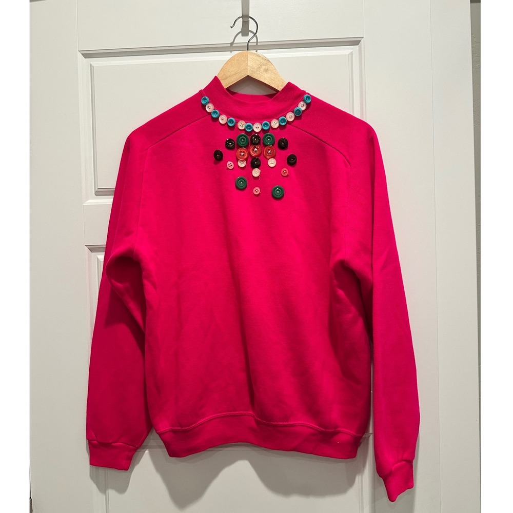 Vintage 80s Creslan Hot Pink Button Embellished‎ Sweatshirt Large Cottage Funky
